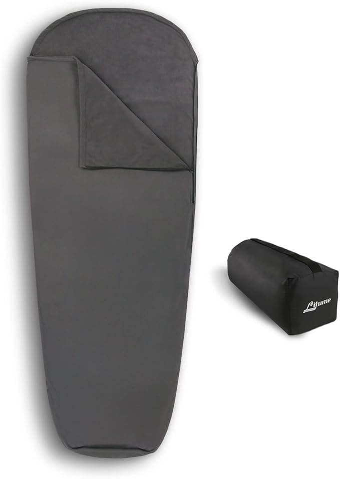 Litume All Season Fleece Sleeping Bag Liner Adds Up to 27°F/ 15°C, Lightweight Mummy Sleeping Sack for Cold Weather and Winter Backpacking, Camping, Traveling with Drawstring Hood and Stuff Sack E629