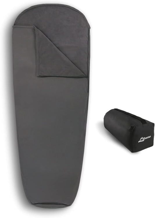 Litume All Season Fleece Sleeping Bag Liner Adds Up to 27°F/ 15°C, Lightweight Mummy Sleeping Sack for Cold Weather and Winter Backpacking, Camping, Traveling with Drawstring Hood and Stuff Sack E629