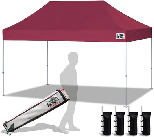 Eurmax USA 10'x15' Pop Up Canopy Tent Commercial Instant Canopies with Heavy Duty Roller Bag,Bonus 4 Sand Weights Bags (Burgundy)