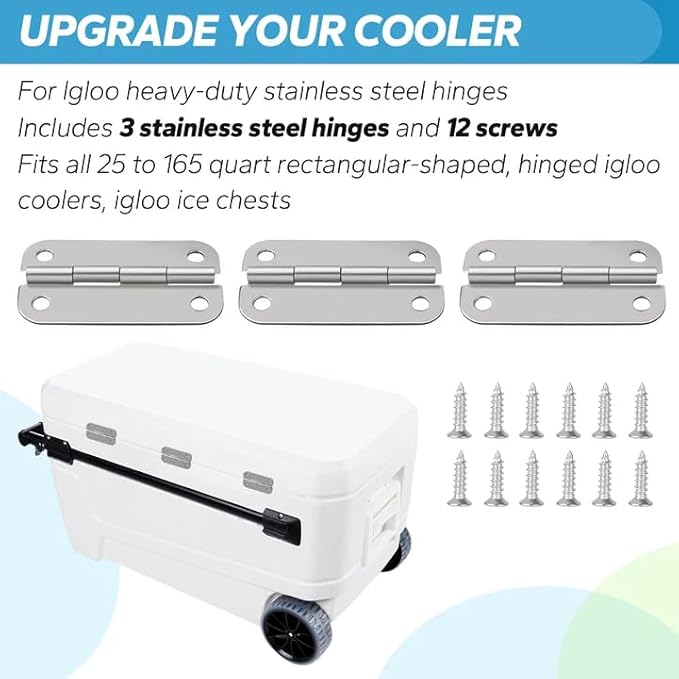 Stainless Steel Cooler Hinges Replacement Parts for Igloo Style Ice Chests - Compatible with Igloo Camping Cooler Accessories 25-165 Quart Coolers (Set of 3)