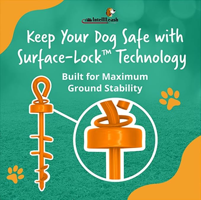 IntelliLeash Heavy Duty Tie-Out Stake: Surface-Lock Technology for Pulling and Bending Prevention, 360-Degree Swivel Ring, Weather-Resistant Coating for Maximum Durability and Tangle-Free Design