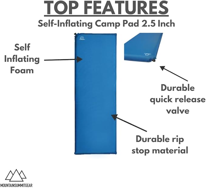 MOUNTAIN SUMMIT GEAR Self-Inflating Camp Pad - 2.5 Inches Thick (Air Mattress Camping Accessory Made by Caddis Sports)