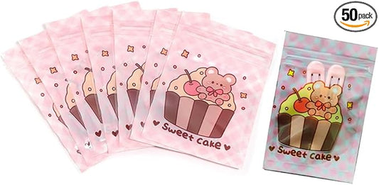 50 Pieces 7.5x11cm Small Cartoon Resealable Bags Cute PP Bag For Jewelry Packaging Bags Premium Adorable Anime Gift Bag (Pink bear)