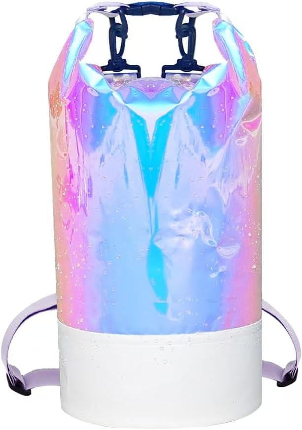 20L PVC Holographic Waterproof Dry Bag, Double Shoulder Strap Beach Swimming Backpack, Crossbody Waterproof Bucket Bag for Kayaking, Boating, and Outdoor Sports (20L)