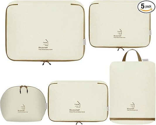 5 Set Packing Cubes for Travel, Various Sizes Luggage Organizer Bags with Double Zipper, Durable Space Saver Bags Travel Essentials (5 Set, Beige)