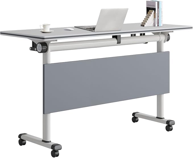 61 INCH Conference Table with Folding Flip Top – Mobile Desk with Locking Wheels for Office, Seminar, and Collaborative Use