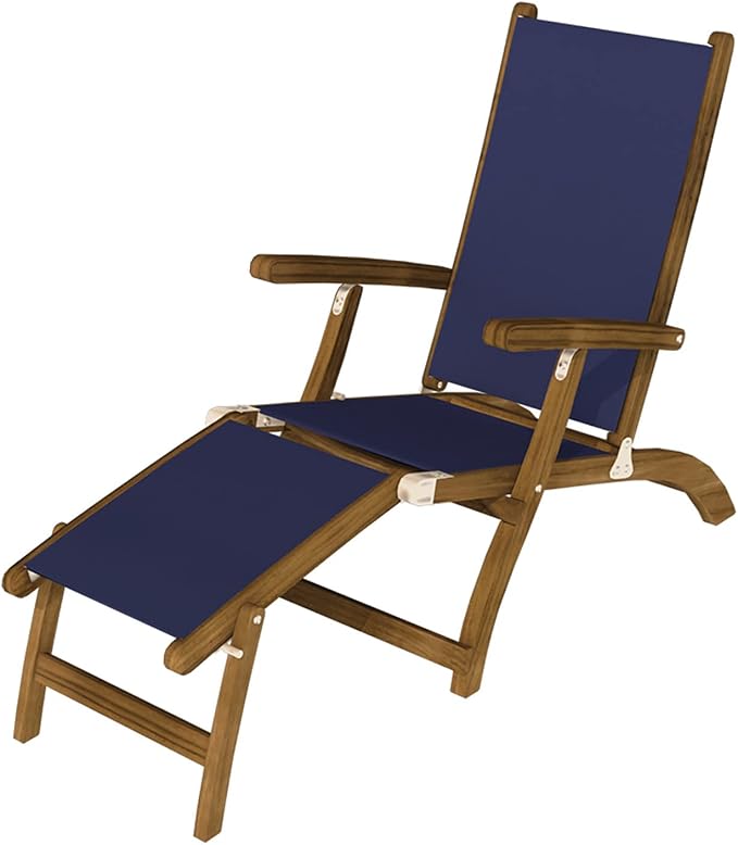 3-Piece Teak Patio Conversation Set with Sling Steamer Loungers & 20-Inch Square Folding Picnic Table (P137NV), Navy Sling