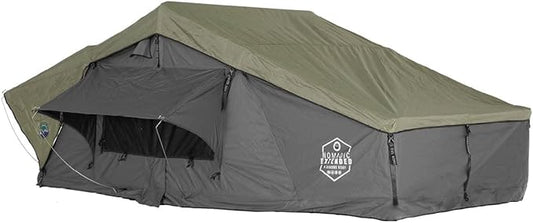 Extended Soft Shell Rooftop Tent, 2-Person - Overland Vehicle Systems HD Nomadic 2 - Grey Body & Green Rainfly