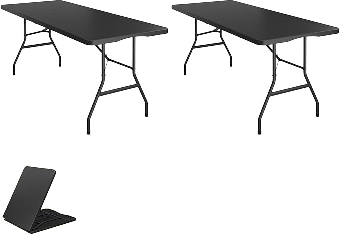 BTEXPERT Set of 2, Fold-in-Half Folding Utility Table 6 Feet 72"x 29.5" Lightweight Portable Carrying Handle Indoor Outdoor Picnic Camping Office Home Party Wedding Event Easy to Clean Store Black