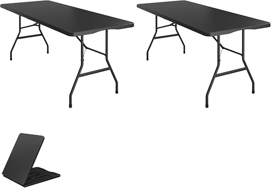 BTEXPERT Set of 2, Fold-in-Half Folding Utility Table 6 Feet 72"x 29.5" Lightweight Portable Carrying Handle Indoor Outdoor Picnic Camping Office Home Party Wedding Event Easy to Clean Store Black