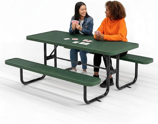 Metal Picnic Furniture for Outdoors with Umbrella Hole - Coated Steel Heavy Duty Commercial Grade Table with Adjustable Seats, Patio Set for a Lifetime (Green, 6' Rectangular, Punched Steel)