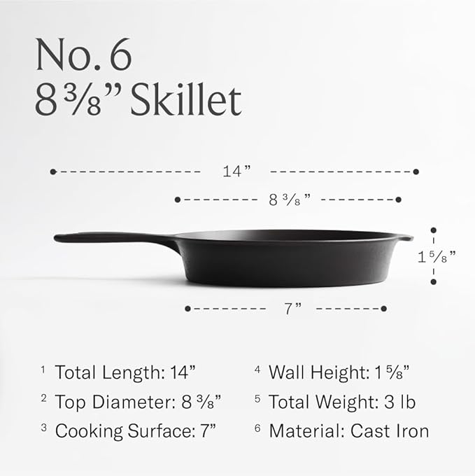 Field Company 8.38 Inch (Small) Cast Iron Skillet – No.6, Perfect for 2 Servings, Lightweight & Smooth, Preseasoned with Organic Oil – Made in USA, Non-Toxic, Vintage Design