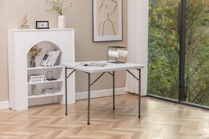 BTEXPERT 34" Bi-Folding Commercial Fold in Half Square Table Heavy Duty Portable Plastic Dining Card Table w Handle for Indoor Outdoor Kitchen Party Wedding Event White Set of 2