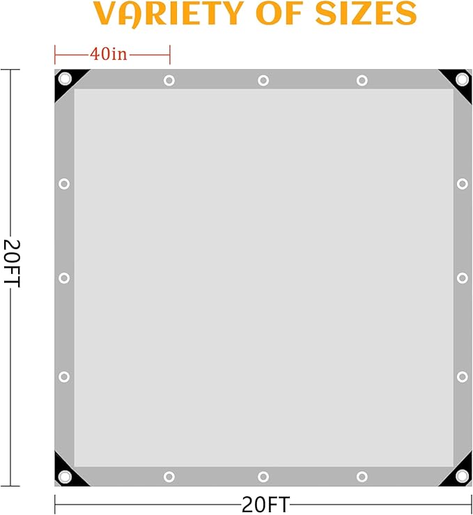 20x20 FT Tarps Heavy Duty Waterproof, 12 Mil Large Tarps with Grommets and Reinforced Edges, UV Resistant, Tear&Fade Resistant, Heavy Duty Covers for Outdoors Camping Roof Pool, Sliver