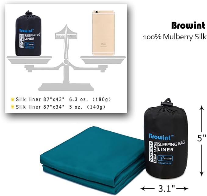 BROWINT Silk Sleeping Bag Liner, Silk Sleep Sack, Extra Wide 87"x43", Lightweight Travel Sheet for Hotels, More Colors for Option, Reinforced Gussets