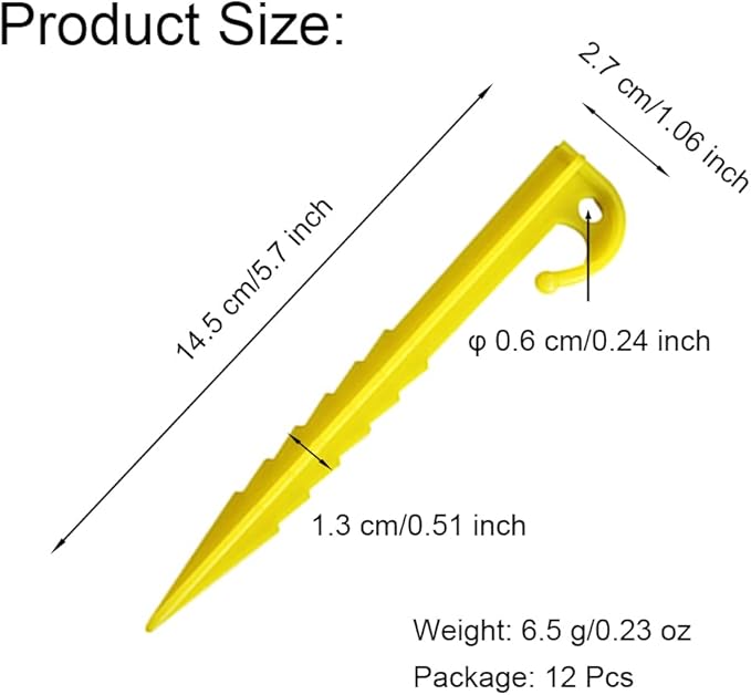 12 Pcs 5.7 inch Plastic Stakes Tent Pegs Serrated Edges Yellow Garden Landscape Stakes for Campings Outdoor and Garden Netting Lawn