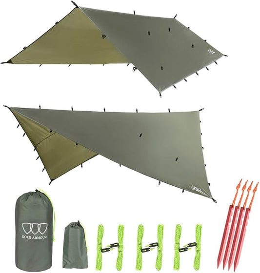 Gold Armour Rainfly Tarp Hammock, Premium 20ft x 14.3ft Rain Fly Cover, Waterproof Ultralight Camping Shelter Canopy, Must Have Camping Essential Accessories (OD Green)