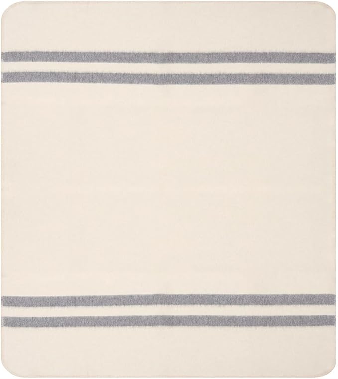 Thick Alpaca Wool Blanket Heavyweight for Camping Outdoors or Using Indoors | Soft Peruvian Alpaca Wool Blankets (Ivory - Soft Gray Stripes, Travel Size)