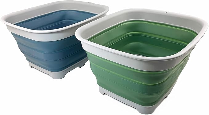 SAMMART 15L (3.9 Gallon) Collapsible Dishpan with Draining Plug-Foldable Washing Basin-Portable Dish Washing Tub - Camping & Space Saving Kitchen Storage Tray (Steel Blue + Dark Sea Green (Set of 2))