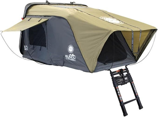 Overland Vehicle Systems HD Bundu 2 Person Cantilever Hard Shell Roof Top Tent, Grey Shell, Grey Body & Green Rainfly - Included Anti-Condensation Mat