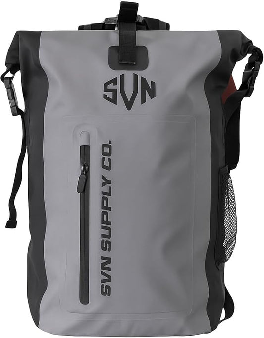 SVN Supply Co. Heavy-Duty Waterproof Backpack – Roll-Top Dry Bag for Hiking, Kayaking, Camping & Outdoor Adventures – Padded Shoulder Straps (Grey)