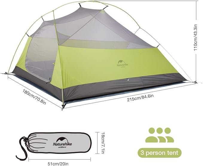 Naturehike Cloud-Up 3 Person Lightweight Backpacking Tent with Footprint - 3 Season Free Standing Dome Camping Hiking Waterproof Backpack Tents