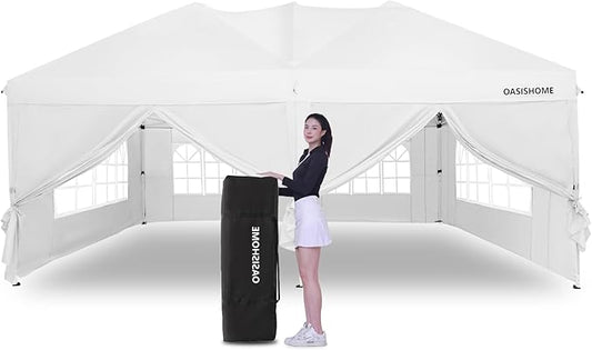 OASISHOME Pop-up Gazebo Canopy Tent 10'x20' with 6 Removable Sidewalls, Windows, Stakes, Ropes, Carry Bag,Suitable for Patio, Outdoor, Wedding Parties&Commercial Events (White, 10X20)