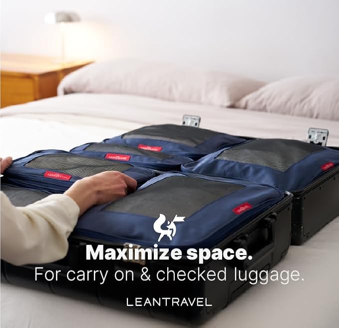 LeanTravel Premium Compression Packing Cubes for Travel - Luggage Organizers with Double Zipper - Sturdy Bags for Suitcase (4-Pack, Navy Blue)