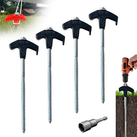 8" Screw in Tent Stakes - Ground Anchors Screw in, 2024 Upgraded Drillable Tent Stakes, Heavy Duty Metal Stake Ground Anchor Peg Threaded Tent Spikes with 1 Hex Head Driver