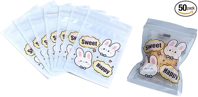 50 Pieces 7.5x11cm Small Cartoon Resealable Bags Cute PP Bag For Jewelry Packaging Bags Premium Adorable Anime Gift Bag (Blue rabbit)