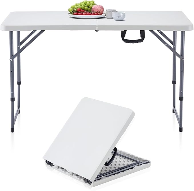 BOOSDEN 4 Foot Folding Table, Portable Rectangle Card Table, Indoor Outdoor Plastic Fold-in-Half Utility Table with Carrying Handle, Adjustable Height Foldable Tables for Picnic,Party,Camping,Office