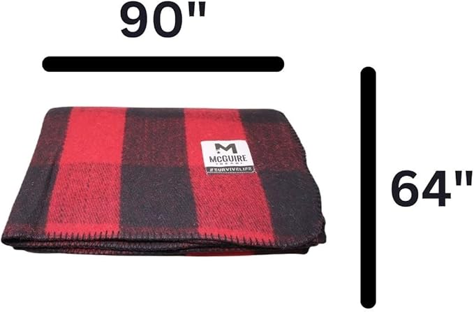 M MCGUIRE GEAR Warm Wool Bunkhouse Plaid Blanket for Camping, Home, Survival, or First-Aid, 64" x 90" (Red/Black)