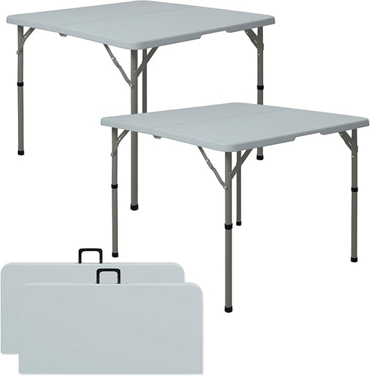 Set of 2 Square Folding Table 34in Multi-Functional Portable Folding Card Table with Carrying Handle for Indoor Outdoor Camping,Picnic, Office, Party Use HDPE Plastic Tabletop with Metal Frame(Grey)