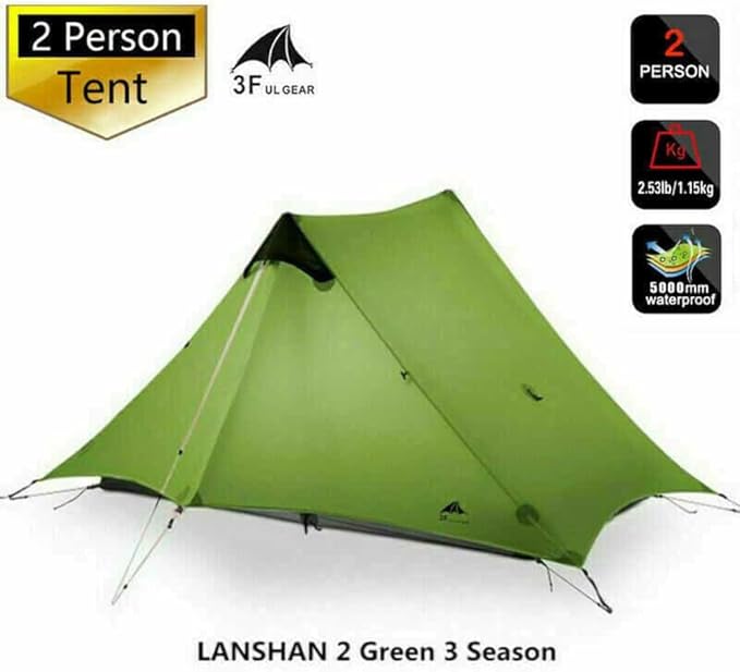 3F UL GEAR Lanshan 2 Person Tent Hiking Ultralight Camping Tent Professional 15D Silnylon Rodless Trekking Pole Tent Waterproof Backpacking Outdoor for Camping, Bivvy