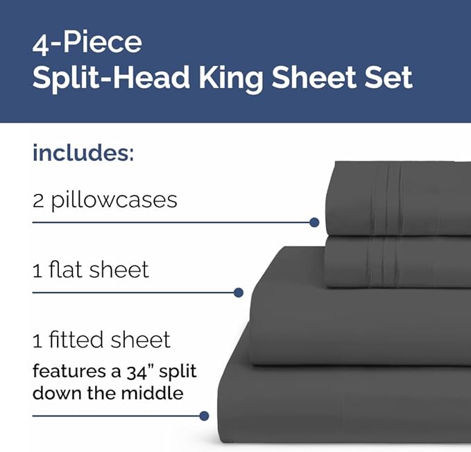 Flex Top Split Head King 4 Piece Sheet Set - Comfy Breathable & Cooling Bed Sheets Set - Hotel Luxury Bedding for Women, Men, Kids, Teens, Boys & Girls - Deep Pockets, Ultra-Soft - Oeko-Tex - Charcoal