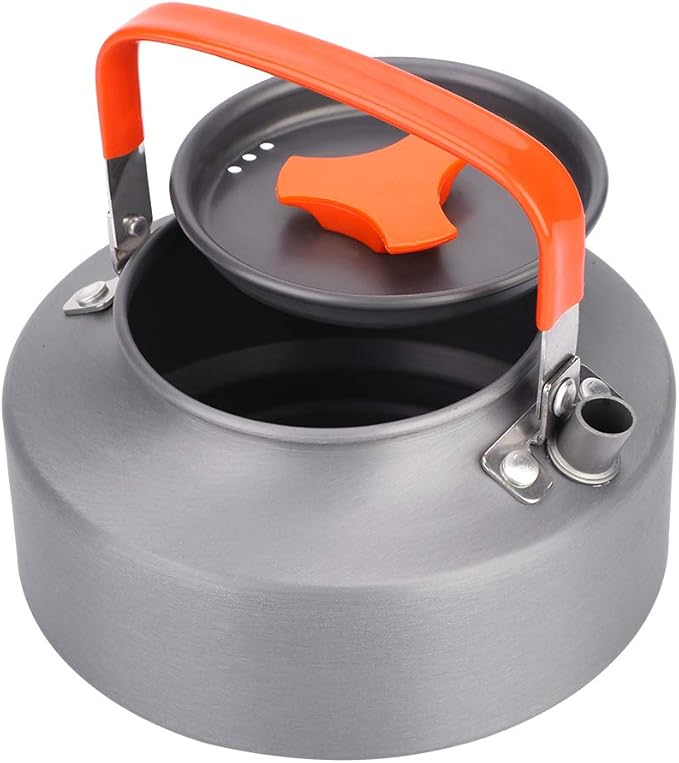 Aluminum Teapot 37oz, Coffee and Tea Kettle with Folding Handle, Portable Pot for Camping, Hiking and Kitchen Use, Black Handle (Orange handle)