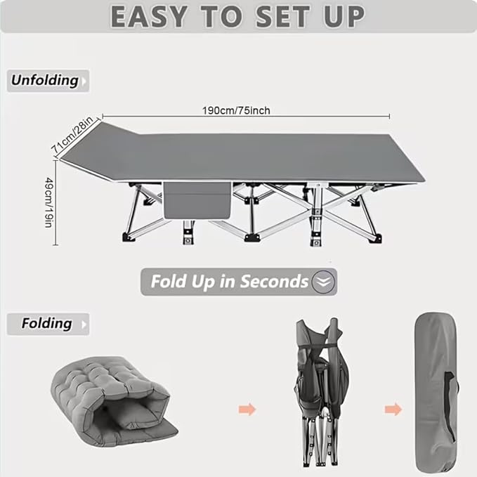Comfortable and Soft Folding Bed, Portable Camping cot with Side Pockets and Mattress, Extra-Thick Oversized Folding Bed, Weight Capacity of 500/600/700 lbs (Black 700lbs)