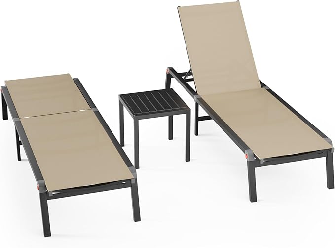 Aluminum Patio Chaise Lounge Chair Set of 2 with Side Table,5-Position Adjustable Backrest,Foldable Lounge Chair Outdoor,Pool Lounge Chairs for Poolside,Lawn,Deck,Beach (Khaki, 2 Pack+Table)