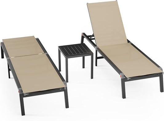 Aluminum Patio Chaise Lounge Chair Set of 2 with Side Table,5-Position Adjustable Backrest,Foldable Lounge Chair Outdoor,Pool Lounge Chairs for Poolside,Lawn,Deck,Beach (Khaki, 2 Pack+Table)