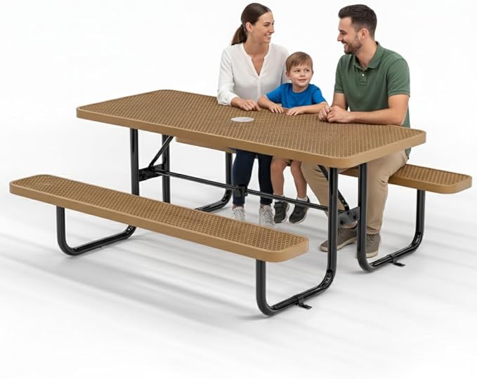 Metal Picnic Furniture for Outdoors with Umbrella Hole - Coated Steel Heavy Duty Commercial Grade Table with Adjustable Seats, Patio Set for a Lifetime (Brown, 6' Rectangular)