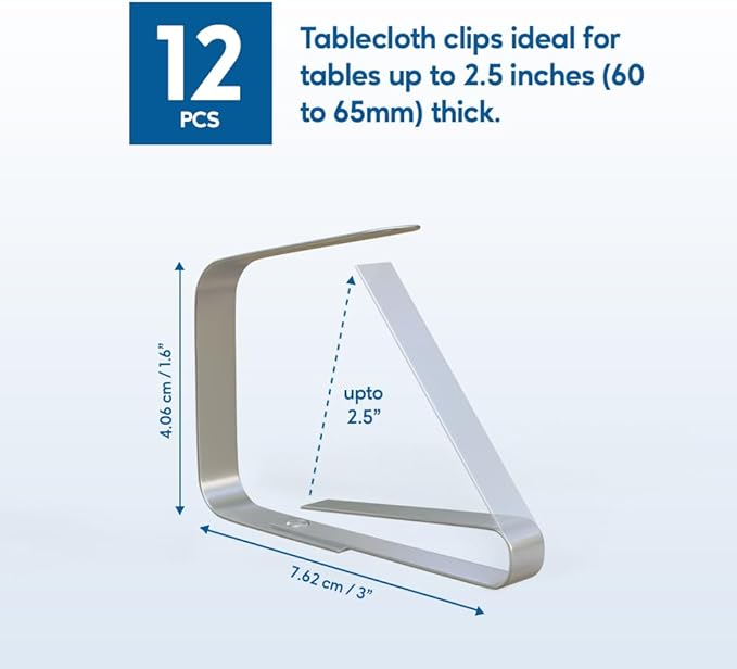 12Pcs Picnic Tablecloth Clips for Outdoor Tables - Stainless Steel Large Table Cloth Clip, Fits for 2.5” Thick Tables, Metal Clamps for Picnic Table Clips, Dining Table Cloth Holder