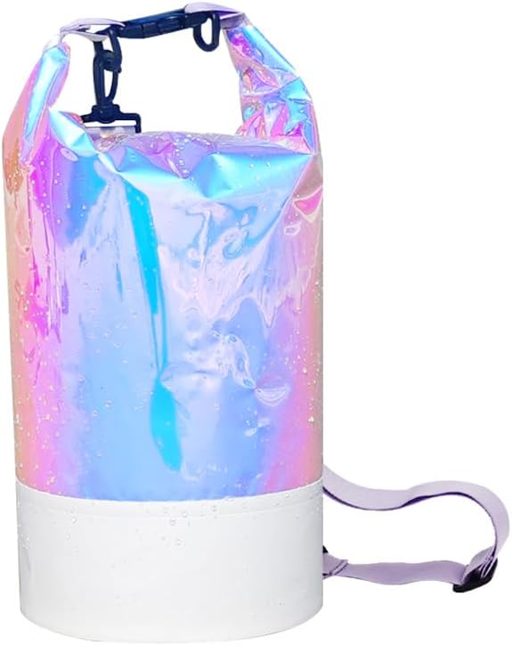 10L PVC Holographic Waterproof Dry Bag, Double Shoulder Strap Beach Swimming Backpack, Crossbody Waterproof Bucket Bag for Kayaking, Boating, and Outdoor Sports (10L)