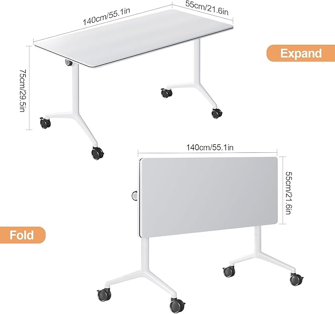2Packs 55.1 Inch Folding Conference Table 4.59 FT Space-Saving Training Classroom Table,Heavy-Duty Meeting Desk for Office Events,Easy Storage Design, Rectangular Table with Durable Legs White