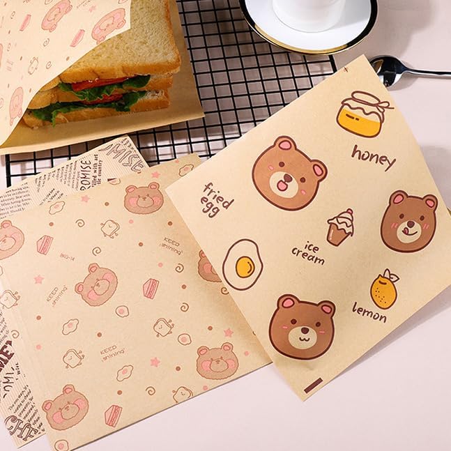 Paper Hamburger Bags 7 X 7 "50 Pieces, Food-Grade Oil-Proof Triangular Snack And Pastry Bags, Recyclable Packaging, Doughnut Sandwich Bread Food Packaging (Honey Bear)