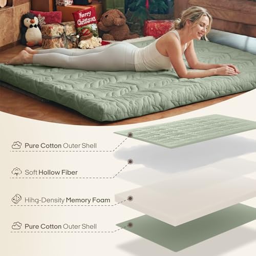 ZonLi Japanese Floor Mattress Futon Mattress Queen Size, 4" Thicken Roll Up Tatami Mat 100% Cotton Washable Cover, Portable & Foldable Floor Bed Mattress for Sleeping, Dormitory, Adult Kids, Green