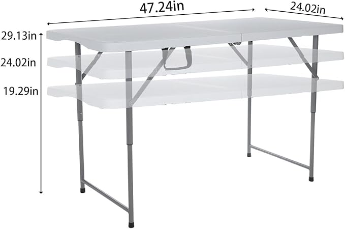 Folding Table 4-FootSmall White Plastic Utility Table Portable,Indoor and Outdoor Adjustable Height with HandleTable, Camping,Partyand Gathering