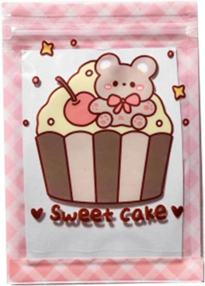 50 Pieces 7.5x11cm Small Cartoon Resealable Bags Cute PP Bag For Jewelry Packaging Bags Premium Adorable Anime Gift Bag (Pink bear)