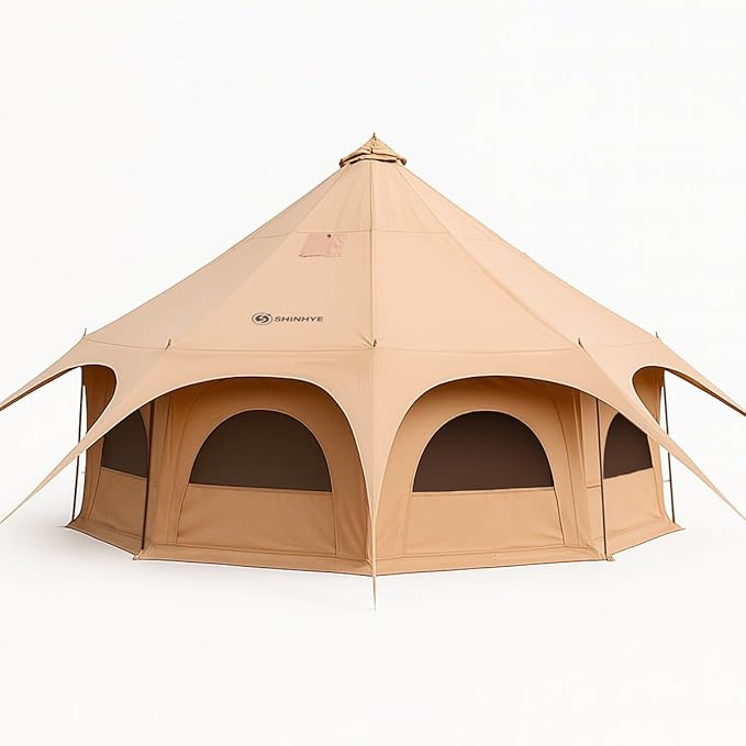 ShinHye 16.4ft Bell Tent for Glamping & Camping – Waterproof Canvas with Stove Jack, Removable Floor & 8 Mesh Windows (Fits 6-8 People)