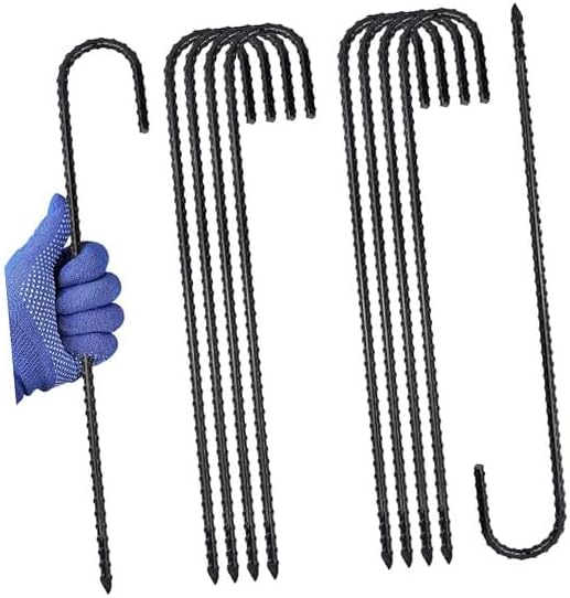 Heavy Duty Ground Stakes, 16 Inch J Hook Stakes, 10 Pack, 5/16 Inch Diameter, Carbon Steel Tent Stakes for Chain Link Fence, Trampoline, Lawn Decorations (J-Shape-Black, J-16 * 5/16"-10PCS)