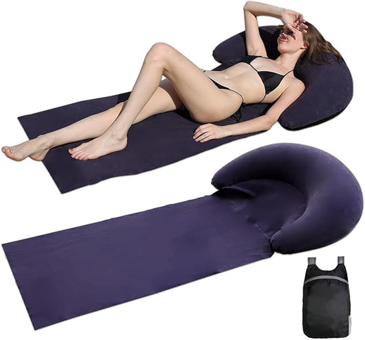 Inflatable Beach Mat Lounge Chair, Outdoor Sunbathing Sleeping Pad with Inflatable Pillow, Portable Flocking Beach Lounge Chair, Suitable for Lawn, Outdoor Camping, Travel, Beach Vacation (Navy)